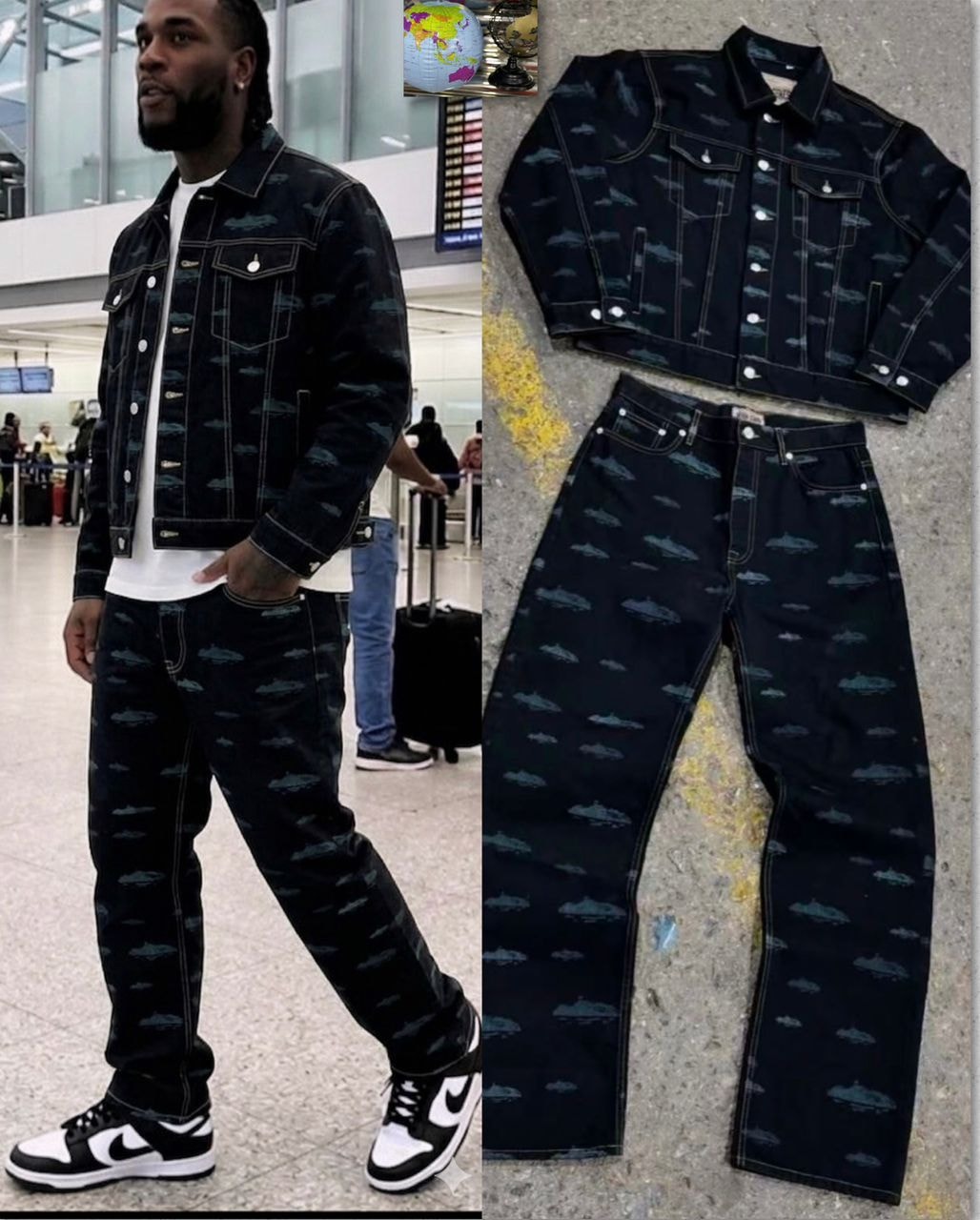 Man wearing dark shark print denim jacket and jeans with flat lay of the set on the right.