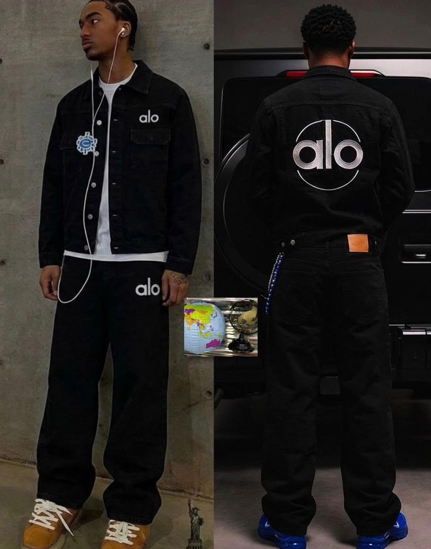 Man in black Alo denim jacket and pants shown in side and rear views with prominent back logo.