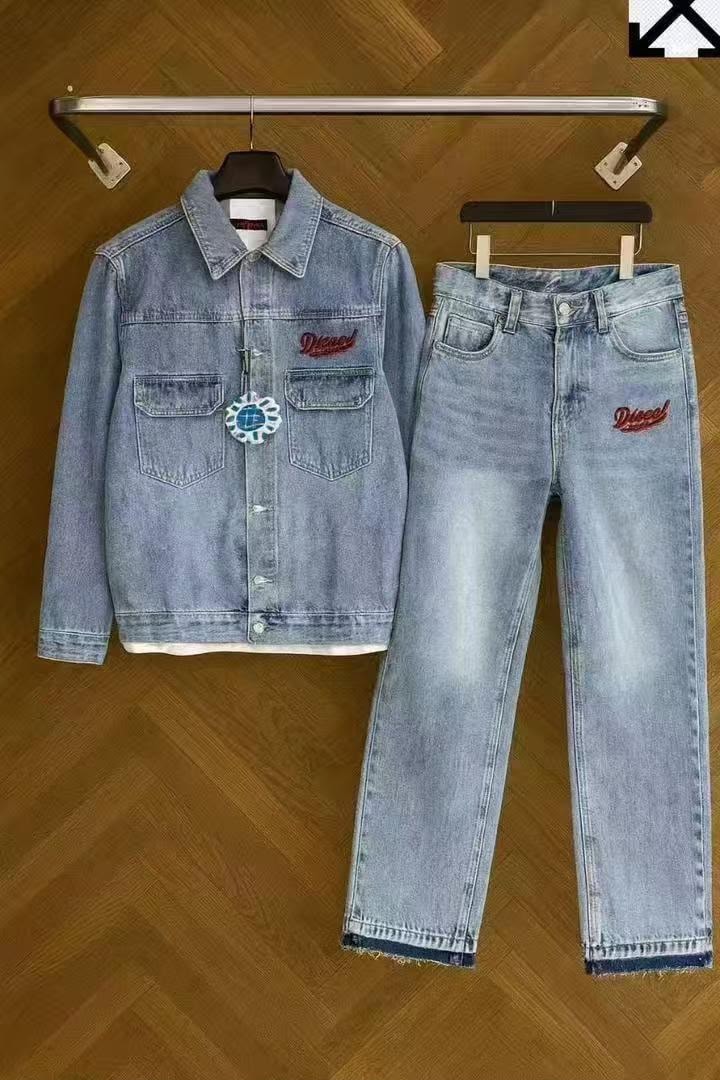 Diesel light blue denim jacket and jeans set hanging on rack with visible front embroidery.