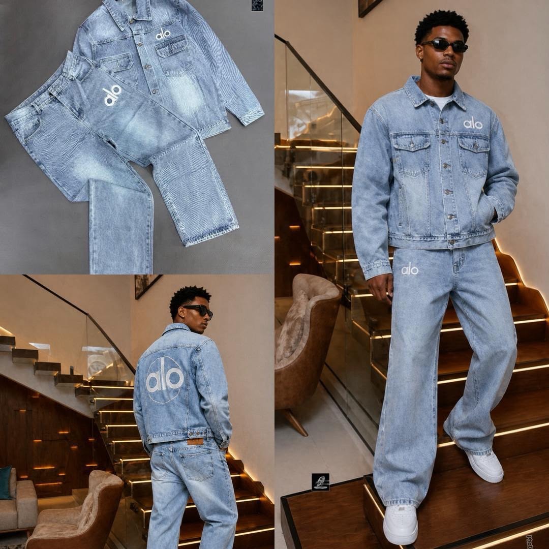 Alo light blue denim jacket and pants shown in flat lay, front model view, and back view on stairs.