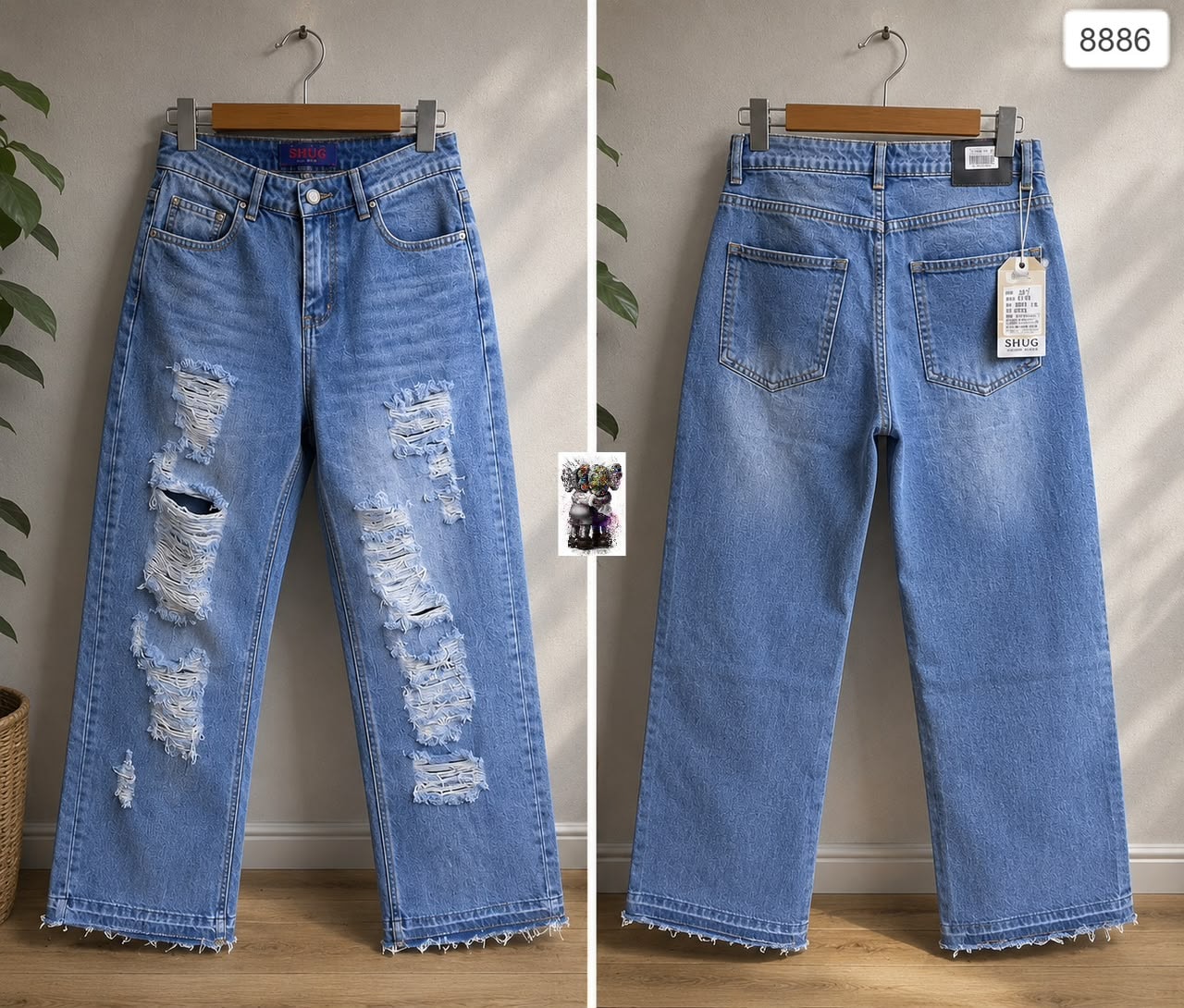 Light blue ripped baggy jeans by SHUG shown in front and back views.