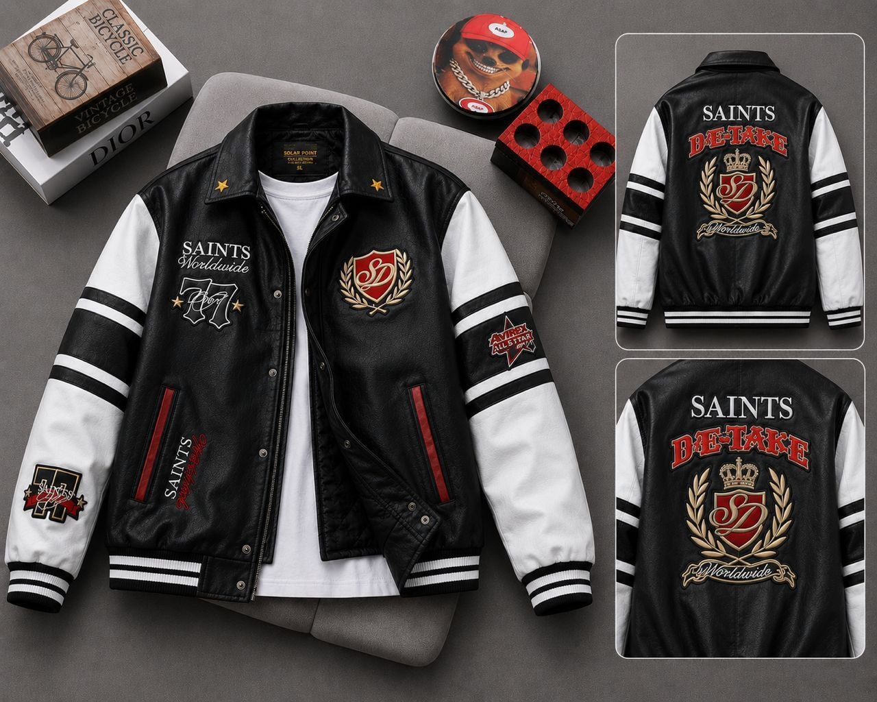 Multi-angle view of black and white varsity jacket with Saints Worldwide embroidery, crests, and patches on body and sleeves.