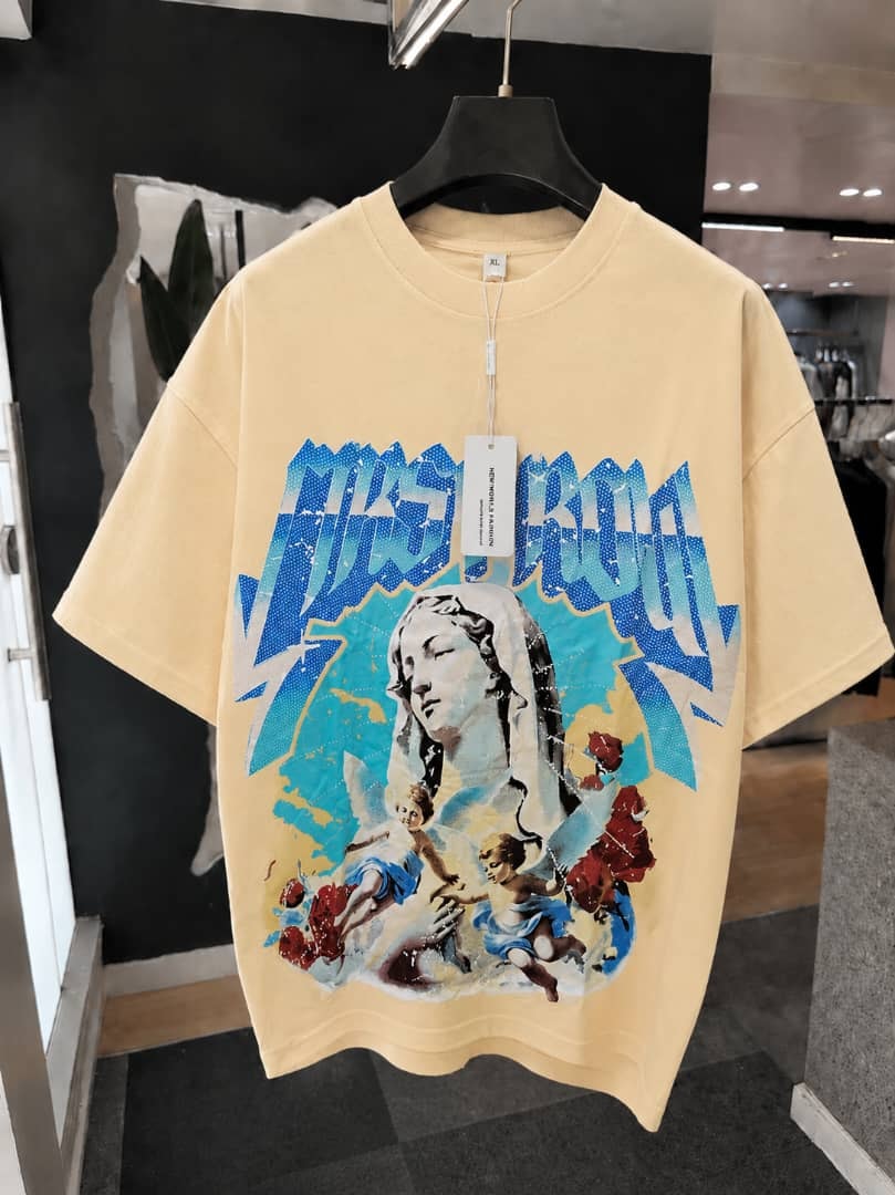 Cream oversized t-shirt with large front graphic print of a female figure, angels and roses.
