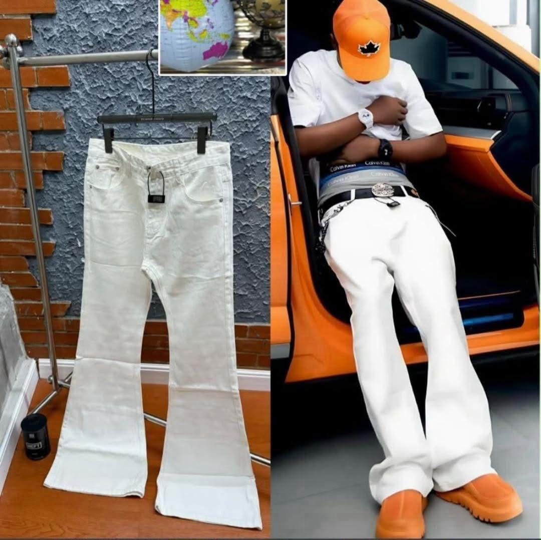 White flared jeans on hanger next to model wearing them in orange car.