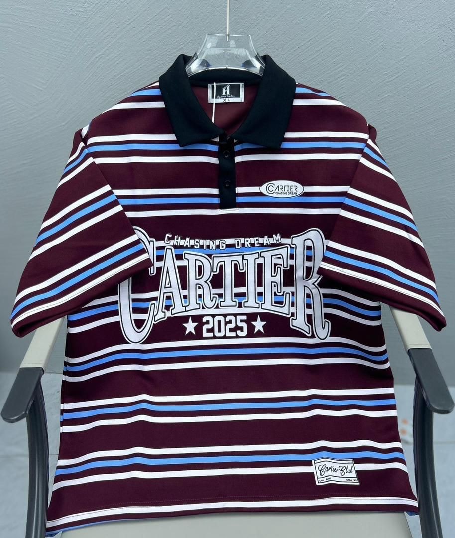 Maroon striped polo shirt with white and blue lines, black collar, and large Cartier graphic.