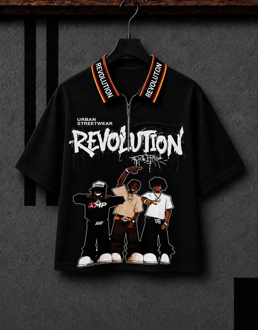 Black Revolution graphic zip polo shirt on black hanger.