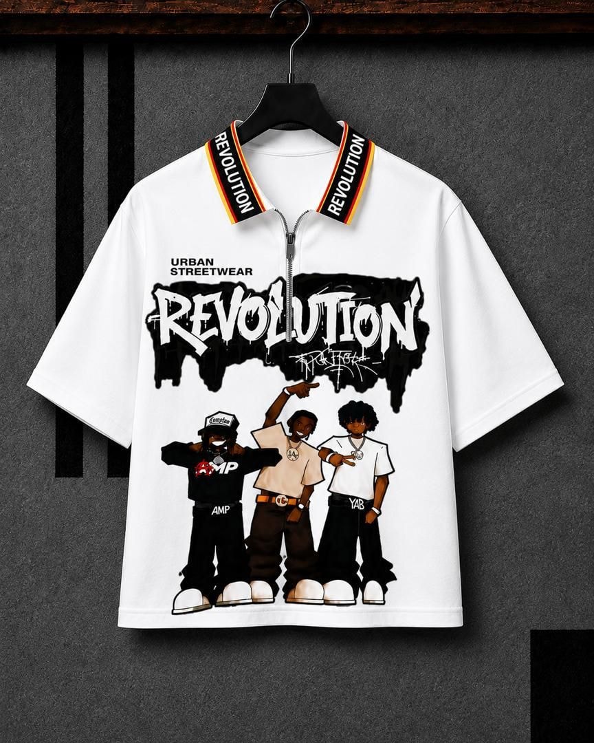White Revolution graphic zip polo shirt on black hanger, front view.