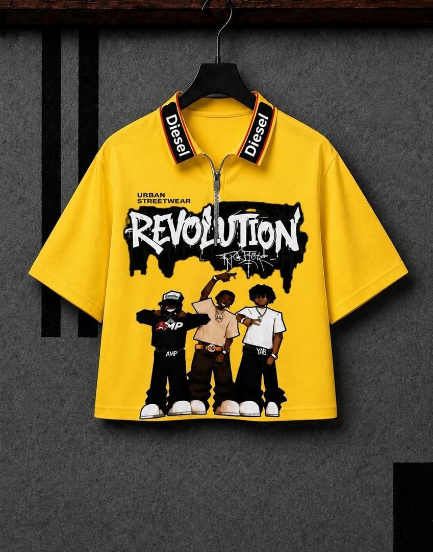Yellow Revolution graphic zip polo shirt on black hanger.