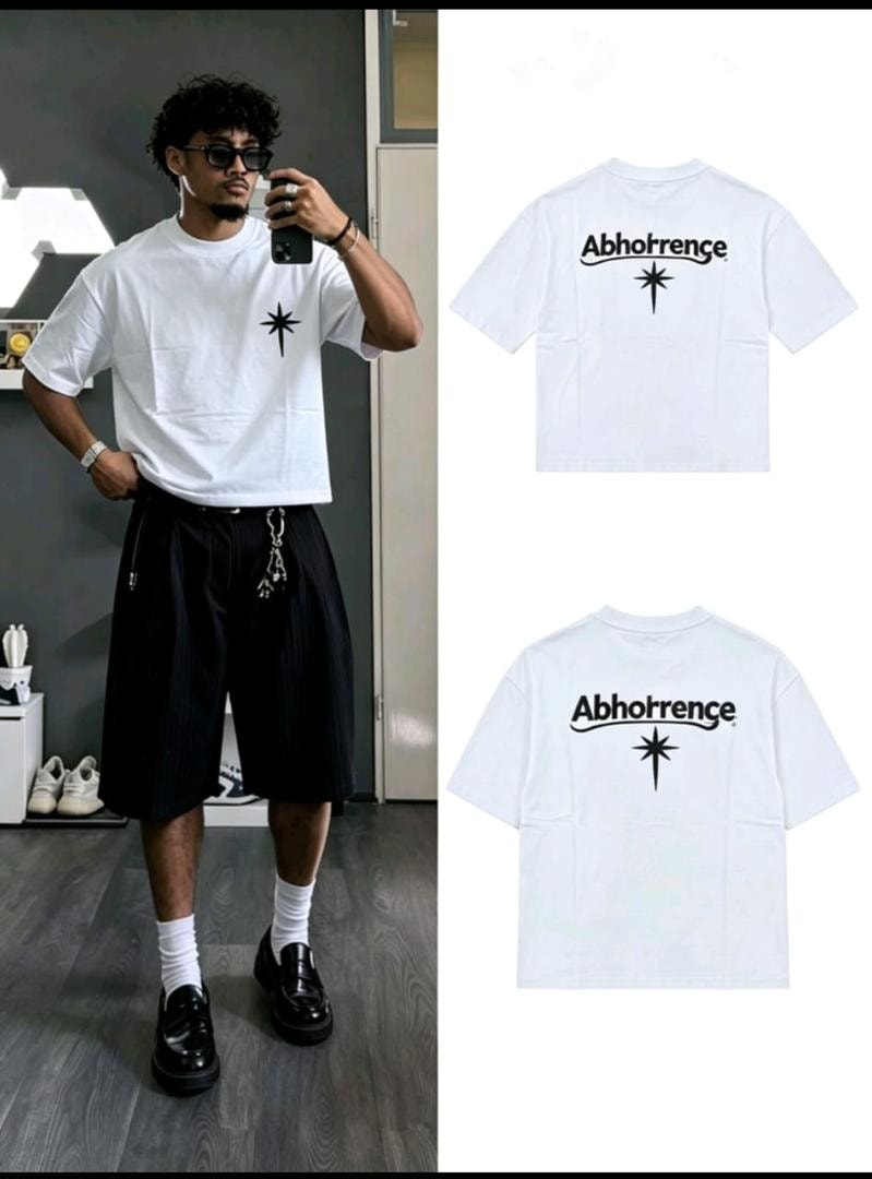 White t-shirt with Abhorrence star graphic on chest and back views.