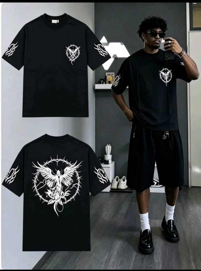 Black angel in thorns graphic t-shirt on model front and back.