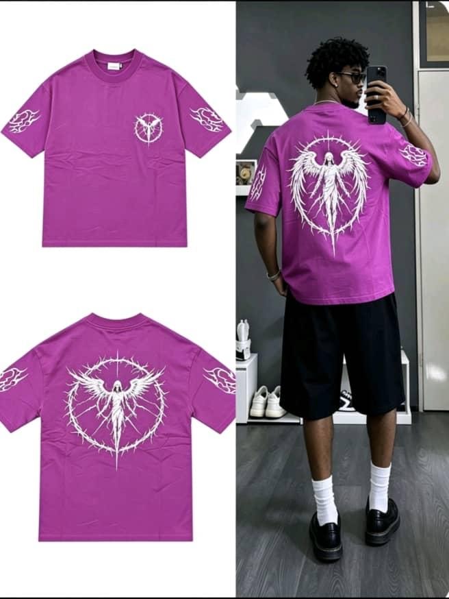 Purple angel in thorns graphic t-shirt shown in flat lay and on model.