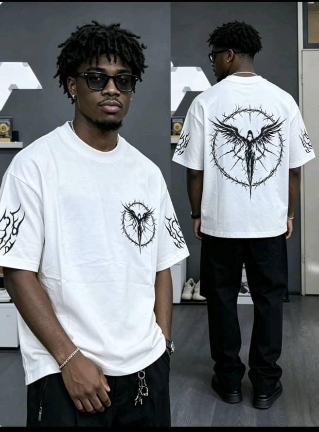 White angel in thorns graphic t-shirt on model front and back.