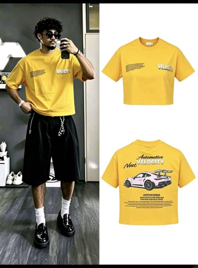 Yellow Velocity graphic t-shirt with car print shown in model view and flat lays.