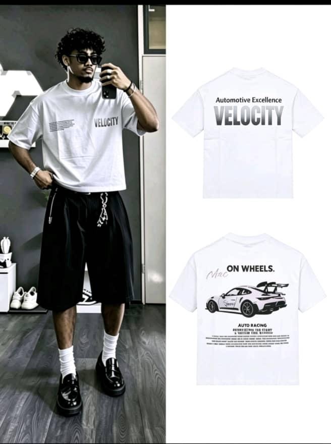 White Velocity graphic t-shirt with car print shown in model view and flat lays.