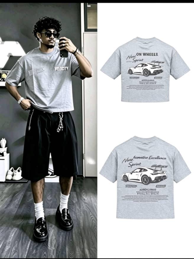 Gray Velocity graphic t-shirt with car print shown in model view and flat lays.