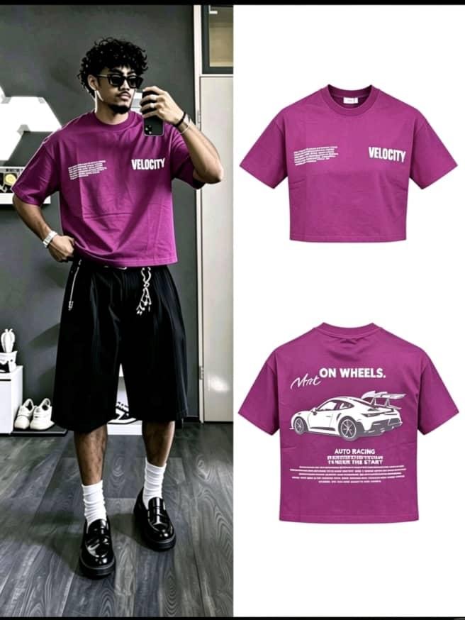 Purple Velocity graphic t-shirt with car print shown in model view and flat lays.