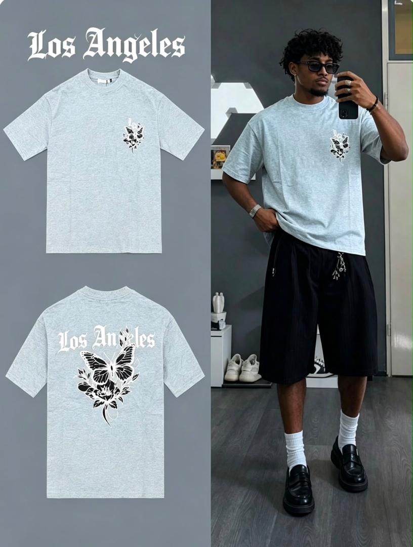 Gray Los Angeles butterfly graphic t-shirt shown in front flat lay, back flat lay, and model wearing.