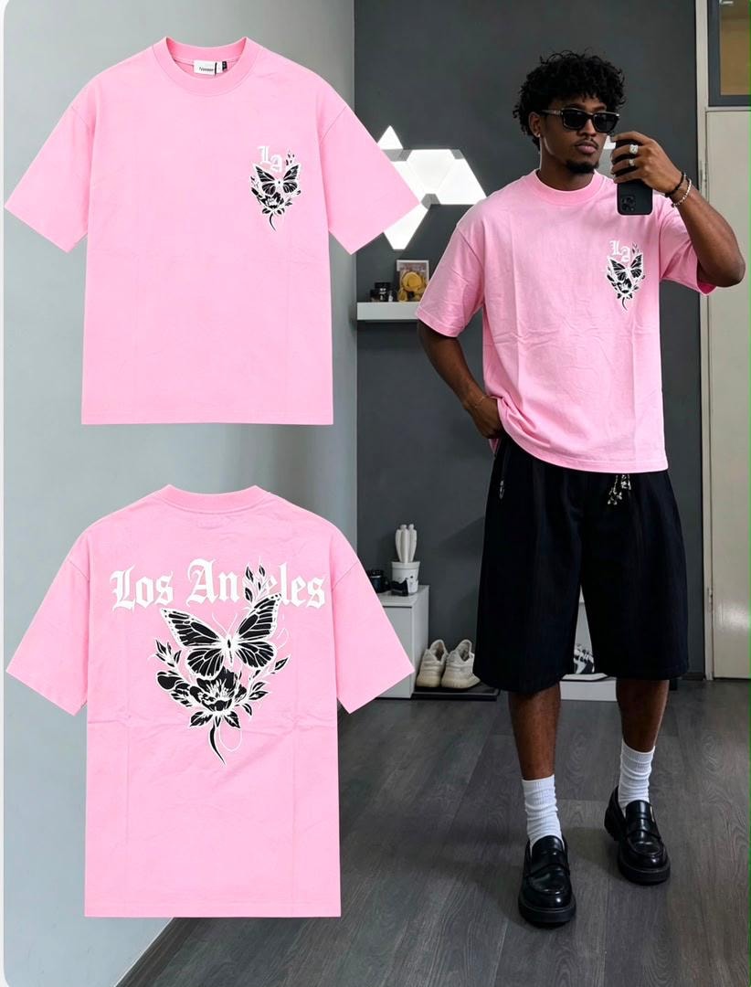 Pink Los Angeles butterfly graphic t-shirt shown in front flat lay, back flat lay, and model wearing.