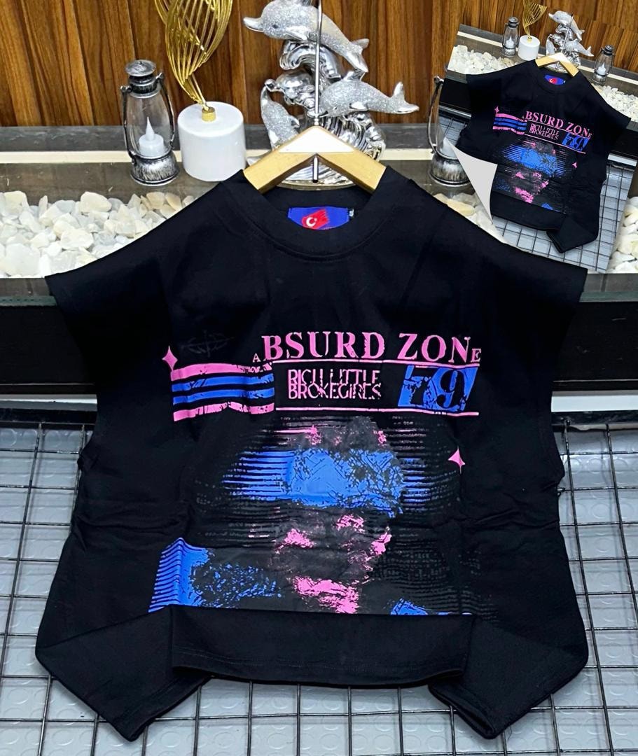 Black short sleeve tee with multicolour BSURD ZONE graphic print on front.