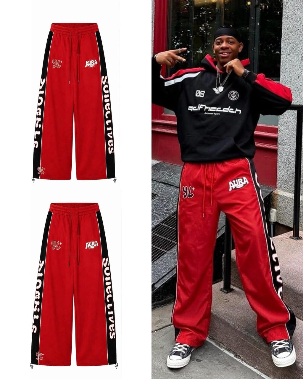Red joggers with black side stripes, SOULCLIVES text and AURA logos in flat lay and model shots.