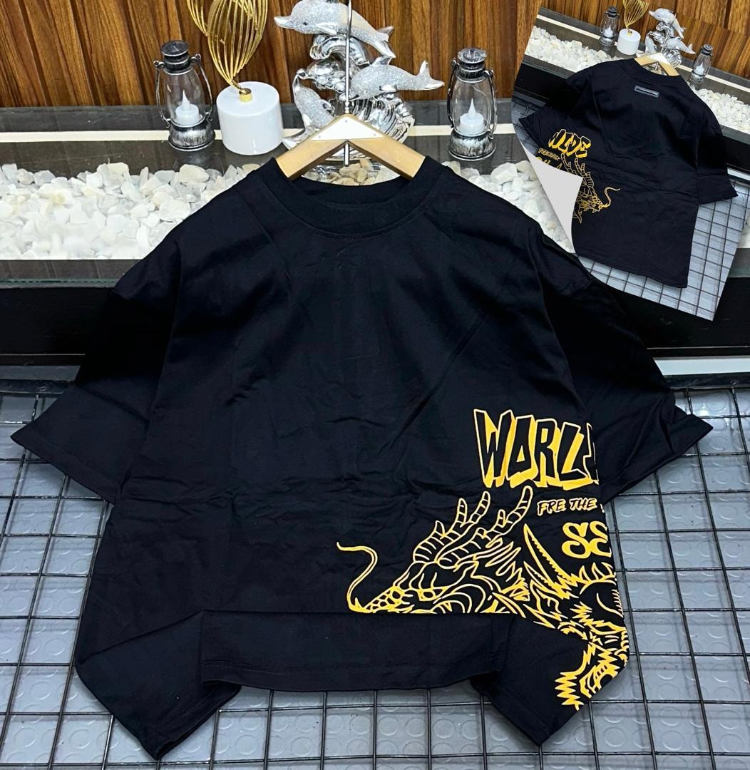 Black oversized t-shirt with yellow dragon and WARLZ graphic on front, shown on hanger with back inset.