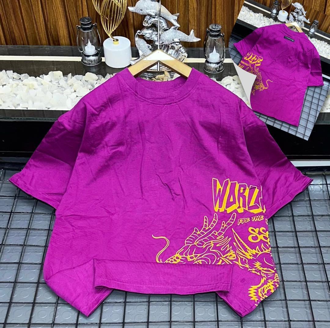 Purple oversized t-shirt with yellow dragon and WARLZ graphic on front, shown on hanger with back inset.