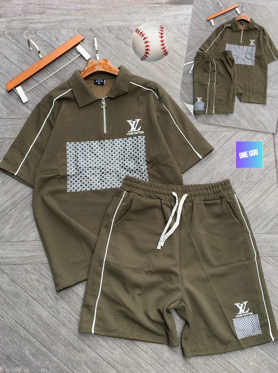 Olive two-piece polo shirt and shorts set with white piping, signature LV details and monogram patch.