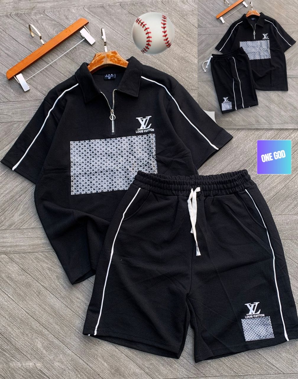 Black two-piece polo shirt and shorts set with white piping, LV branding and monogram pattern detail.