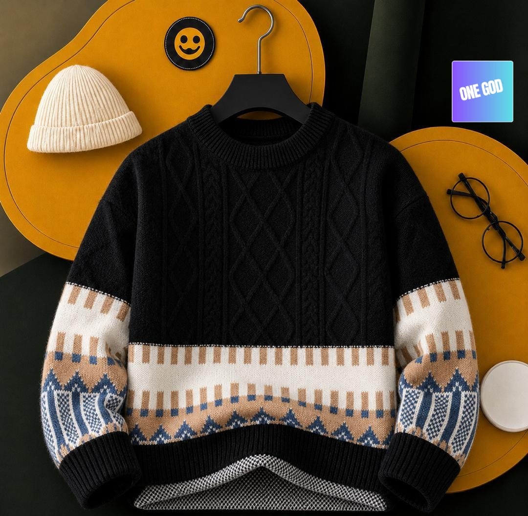 Black knit sweater with beige blue white patterned lower body and sleeves.