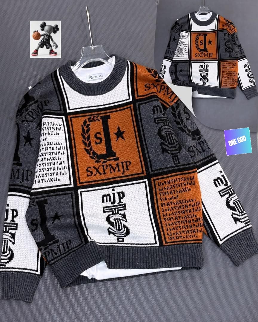Orange and gray graphic patchwork sweatshirt on hanger with inset view.