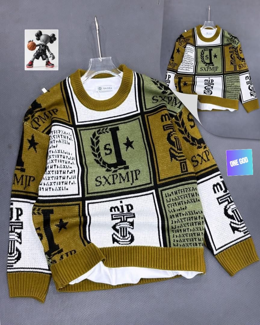 Olive graphic patchwork sweatshirt on hanger with back view inset.