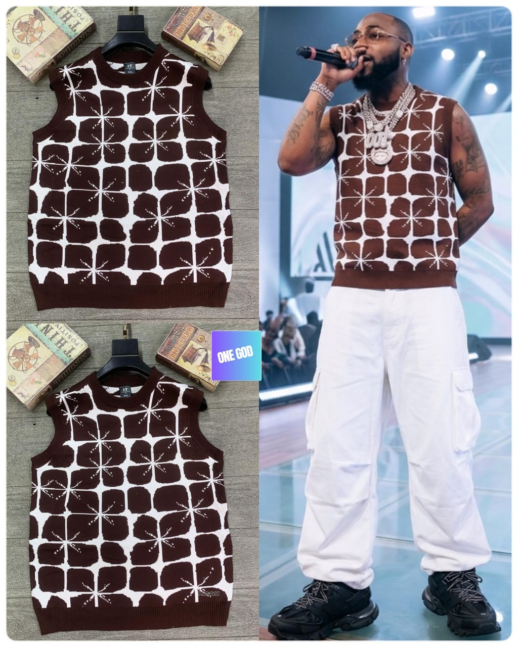 Brown Diesel geometric patterned sleeveless sweatshirt flat lay and lifestyle image with model.