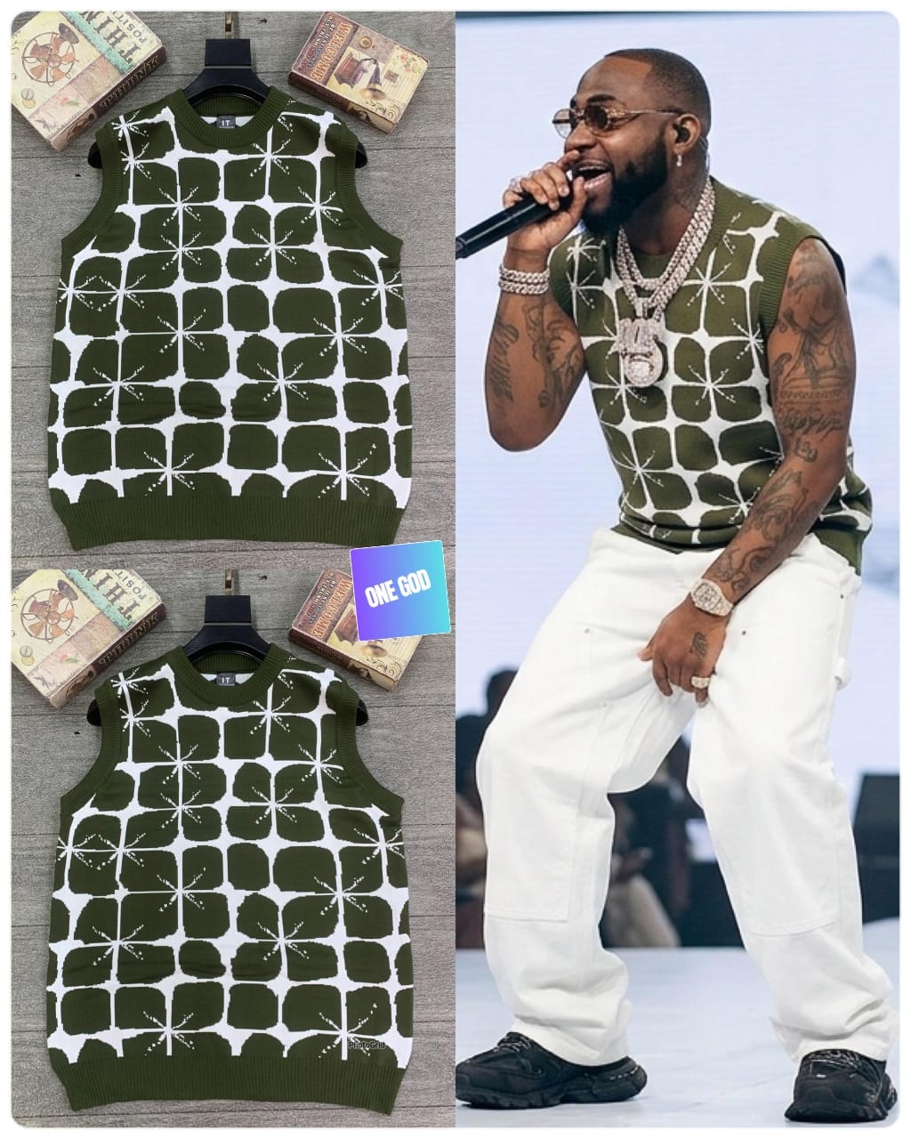 Olive green Diesel star pattern sleeveless sweatshirt shown in multiple flat views and on model.