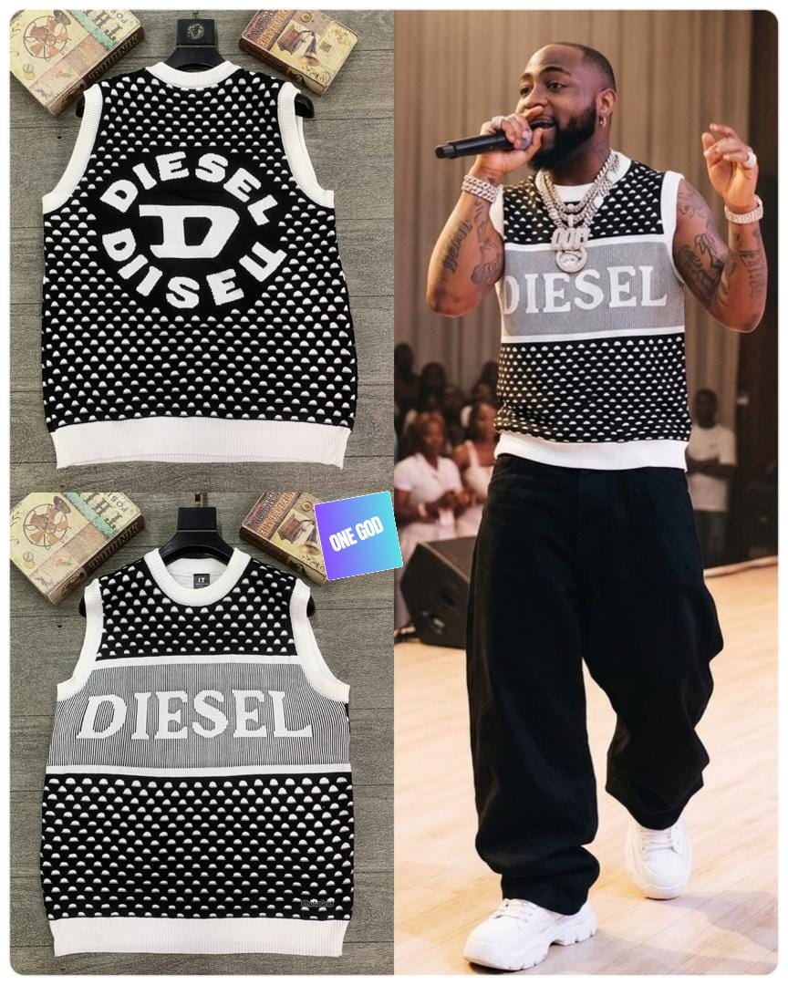 Black Diesel perforated logo sleeveless sweatshirt shown in flat lay back and front views plus model wearing it.