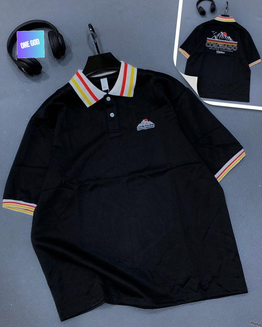 Black polo shirt with Colorado mountain logo on chest and striped collar, shown with back graphic.