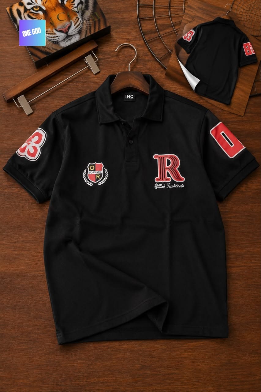 Black polo shirt with red R logo, shield crest and 83 sleeve patches.