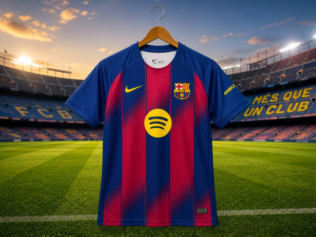Blue and red FC Barcelona Nike Spotify jersey hanging in stadium setting.