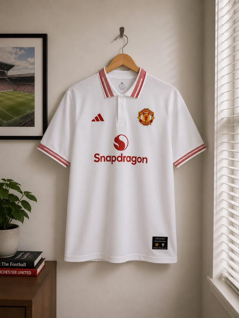White Manchester United Snapdragon Adidas polo jersey hanging indoors.