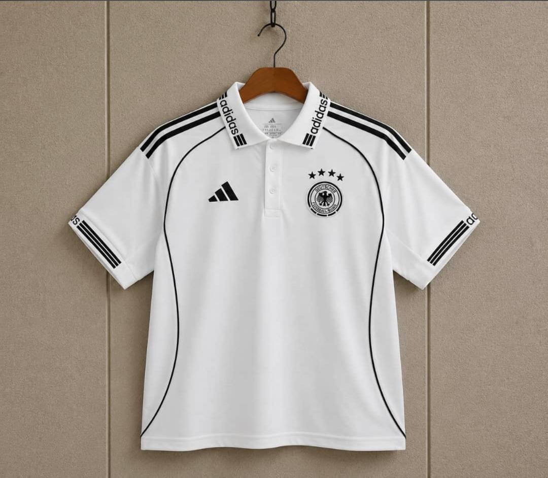 White Germany national team Adidas polo jersey hanging on a wooden hanger.