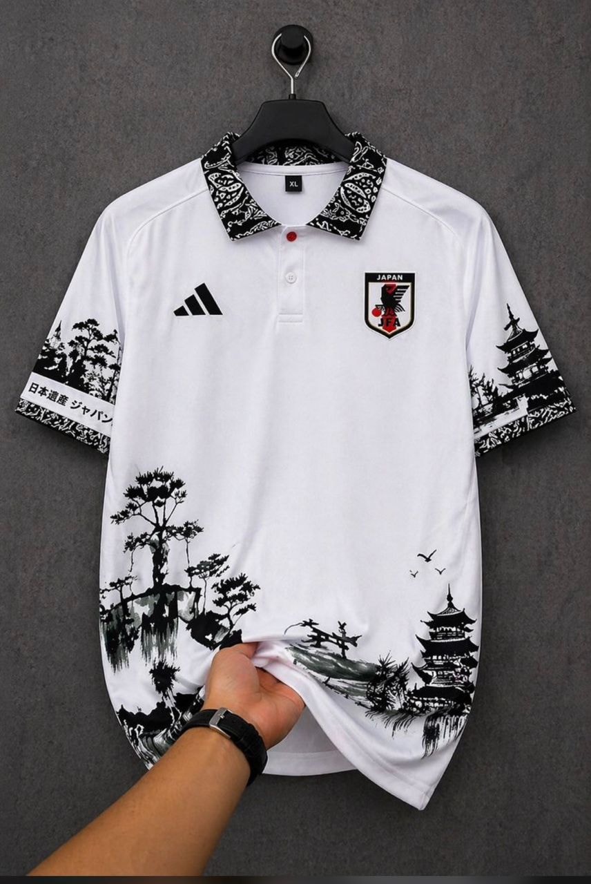 White Japan national team Adidas polo jersey with black ink wash style prints.