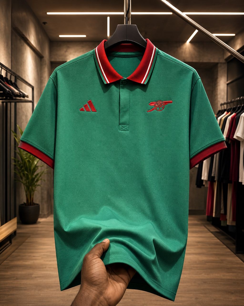 Green Arsenal polo jersey with red collar and logos held by hand in a clothing store.