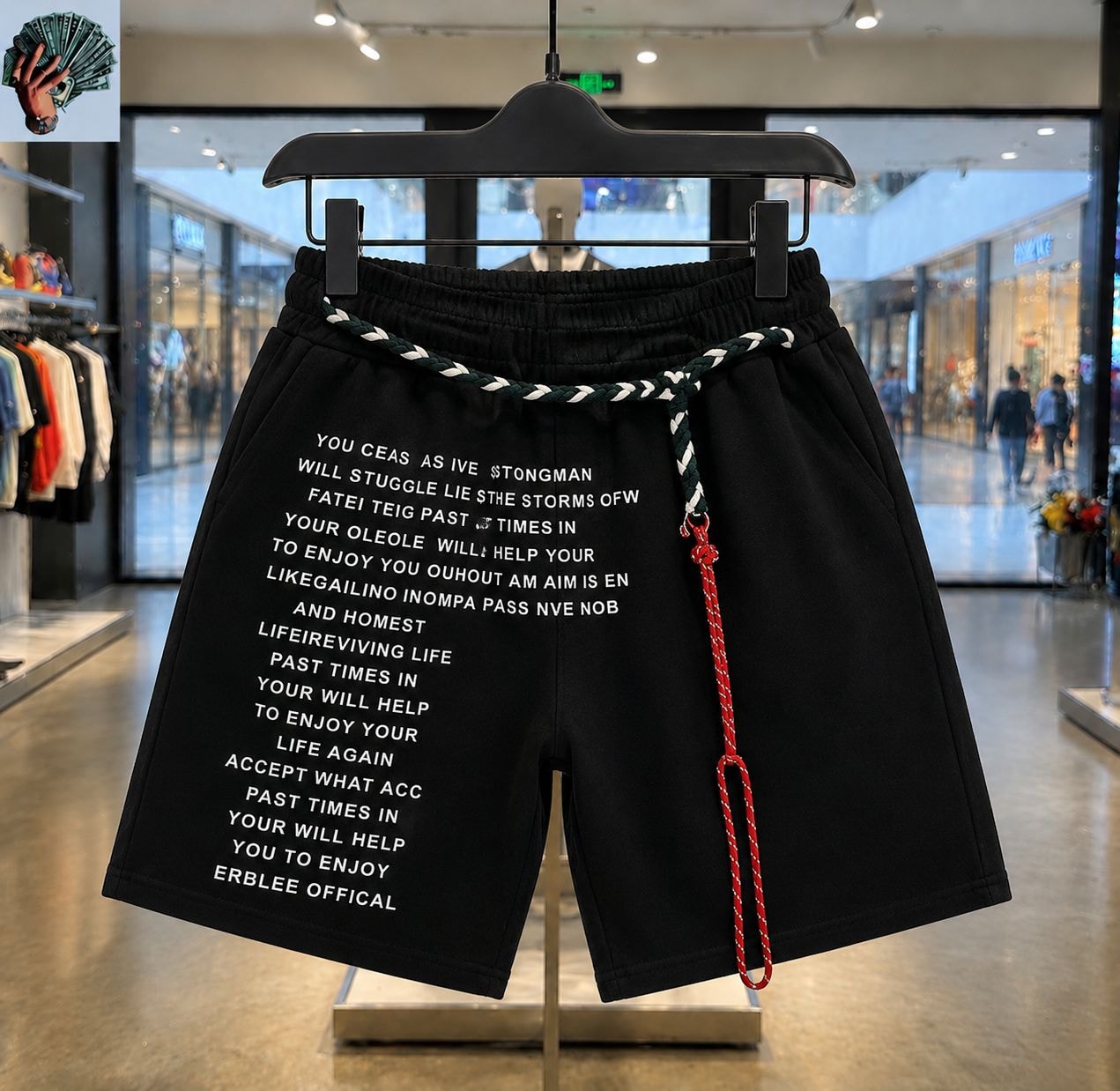 Black jogger shorts with white text print, large NE graphic and red-white braided rope belt on display.