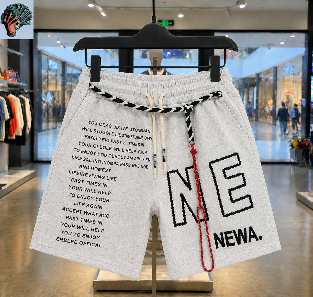 Light gray jogger shorts with black text print, large NE graphic and braided rope belt on display.