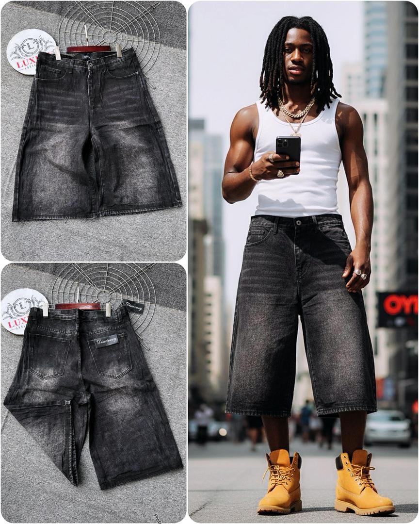 Baggy denim jorts in black wash with front and back flat lays plus model wearing them in urban setting.