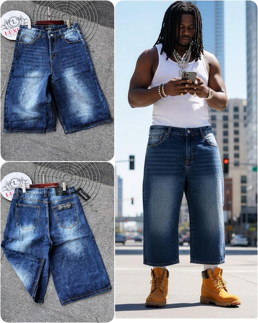 Baggy denim jorts in blue wash with front and back flat lays plus model wearing them in urban setting.