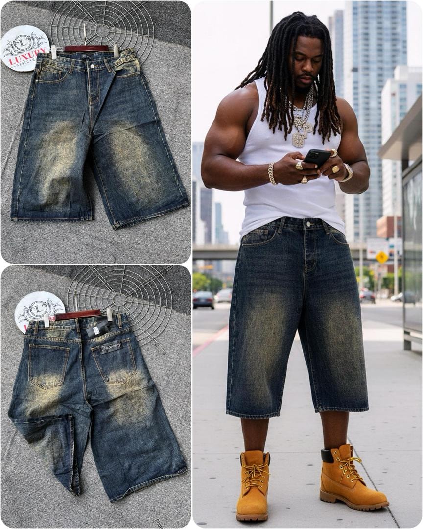 Baggy denim jorts in light blue wash with front and back flat lays plus model wearing them in urban setting.