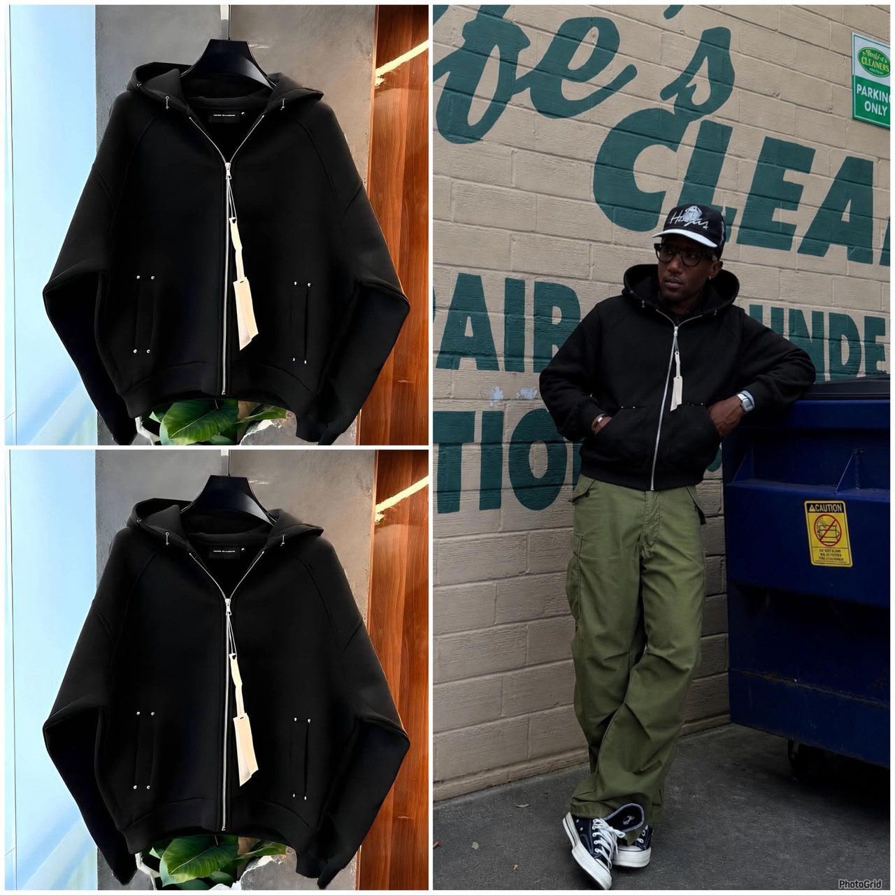 Black zip-up hoodie on hanger and man modeling black version with green cargo pants.