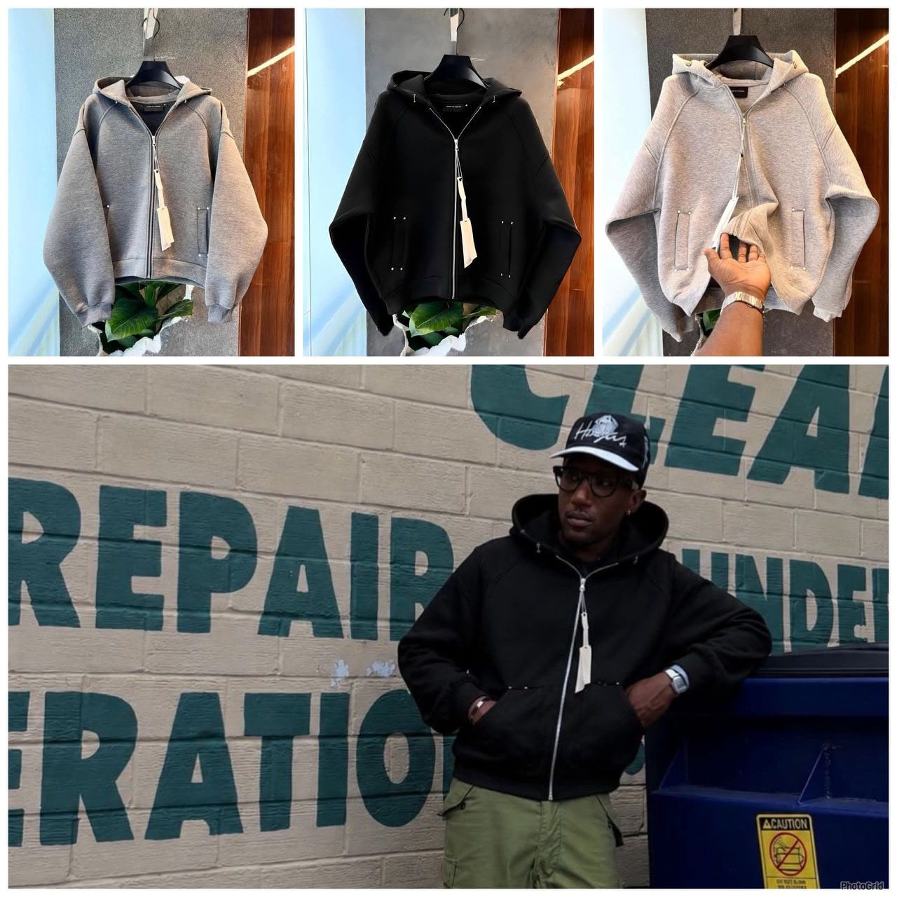 Collage of Made Extreme zip-up hoodies in gray, black and light gray with model wearing black version.