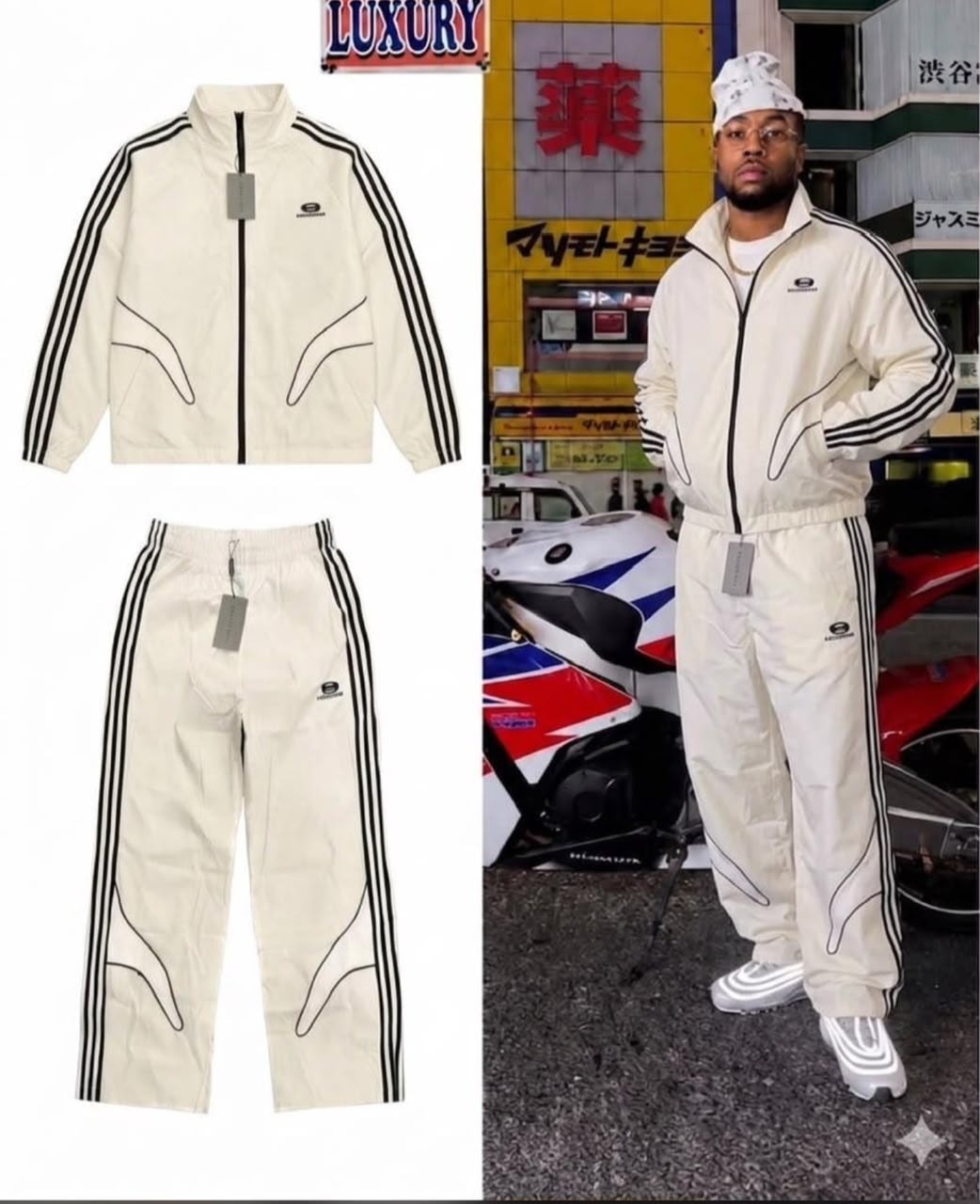 Cream Balenciaga tracksuit set shown flat and on model in urban setting.