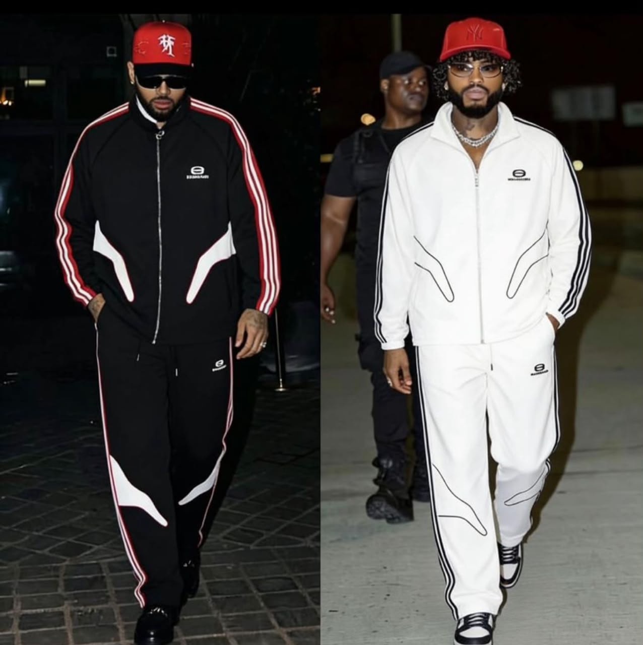 Side-by-side view of models in black and white Balenciaga tracksuits.